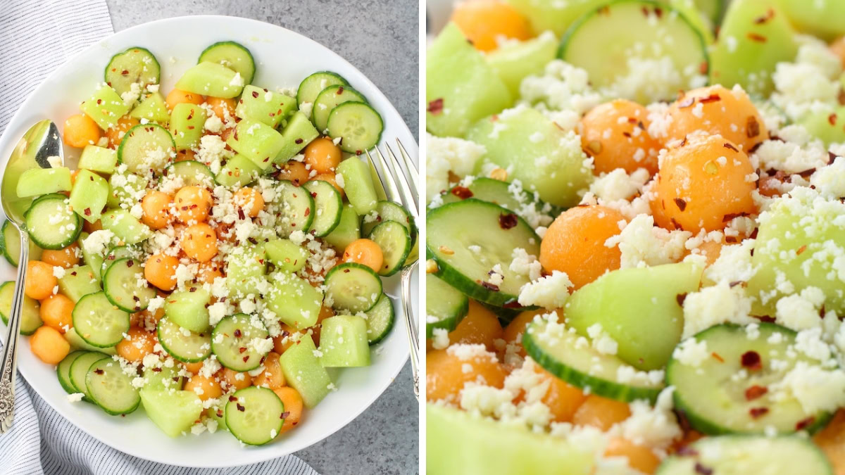 Salad with fresh melon, cucumber, cheese and chili flakes
