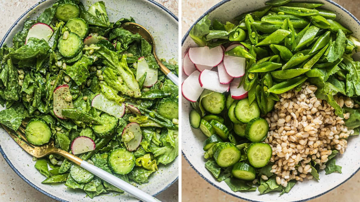 Green salad with cucumber, beans, barley, and lettuce
