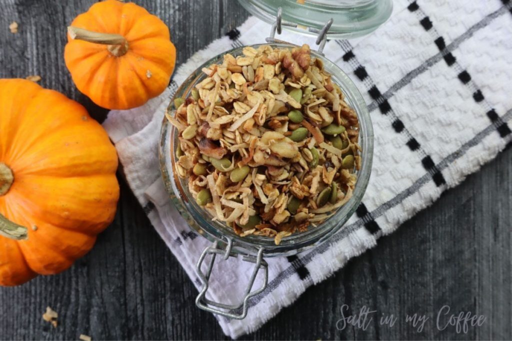granola in a jar with pumpkins