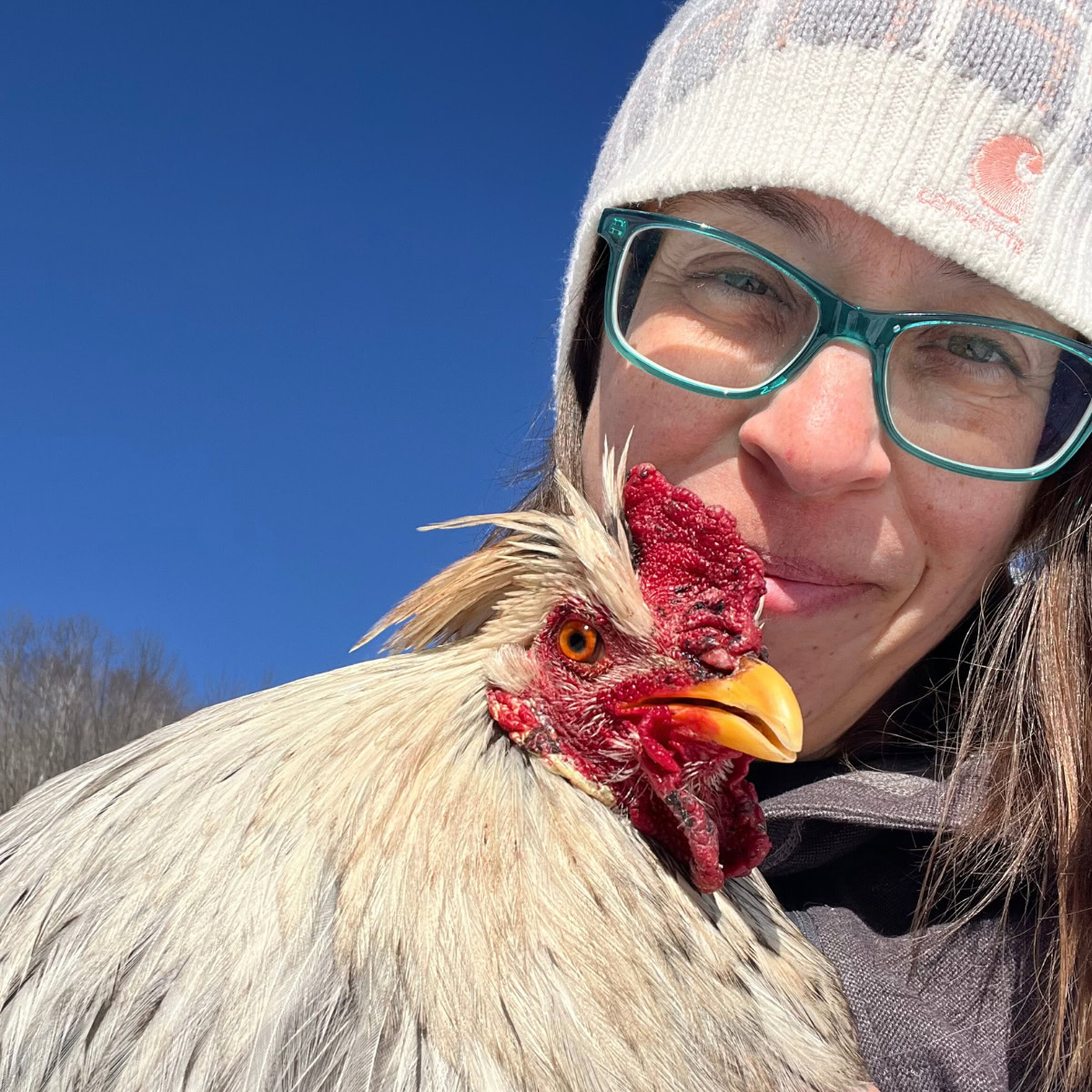 woman holding a rooster in winter