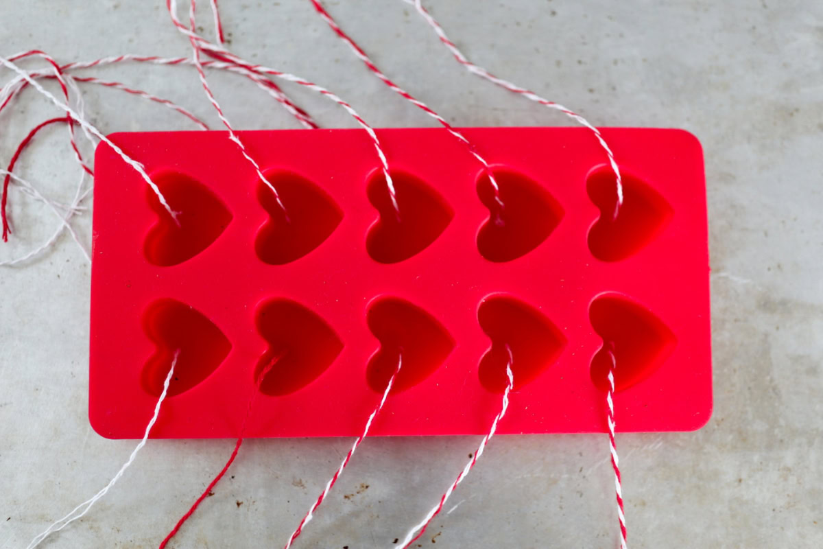 a silicone mold strung for birdseed valentines